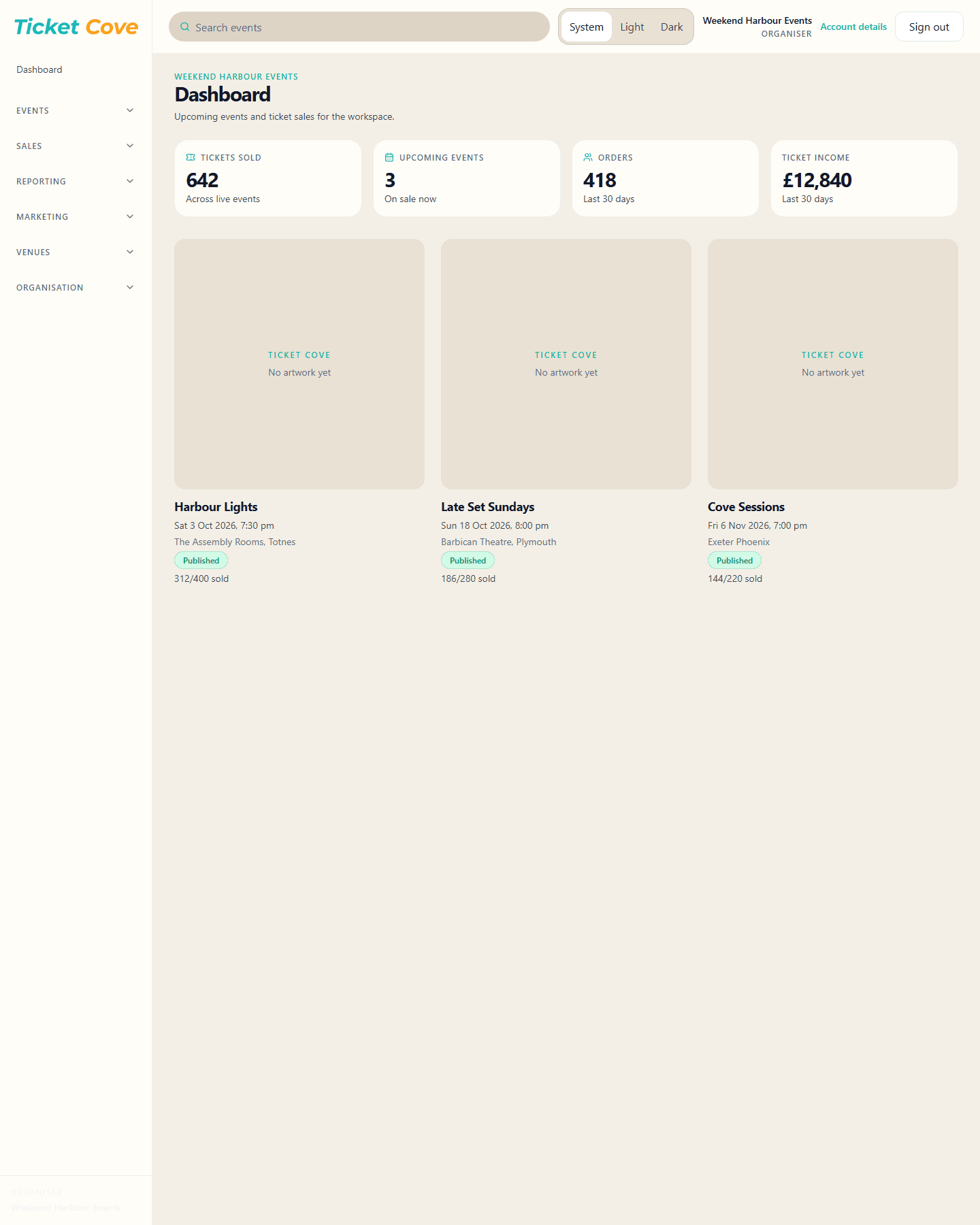 The Ticket Cove organiser workspace a Venue Account also uses, showing tickets sold, upcoming events, orders and ticket income.