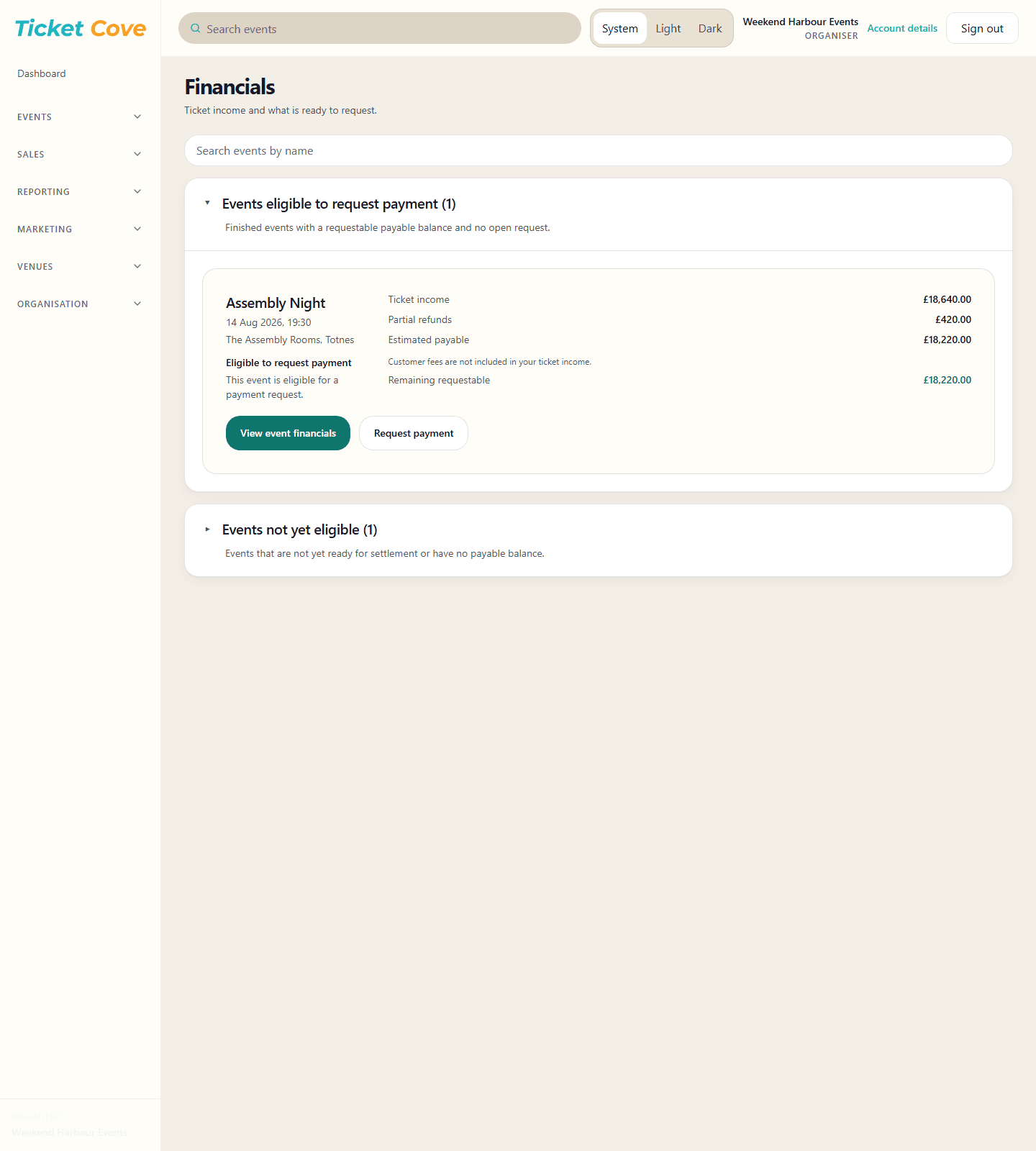 Organiser financials showing ticket income, refunds and a payment request.