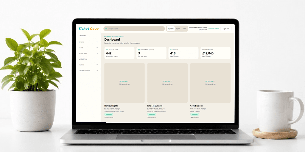 Ticket Cove organiser dashboard on a laptop.
